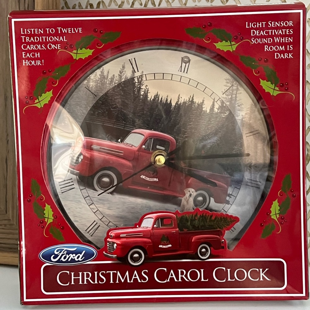 RED FORD TRUCK CHRISTMAS CAROL CLOCK - 12 SONGS - NEW